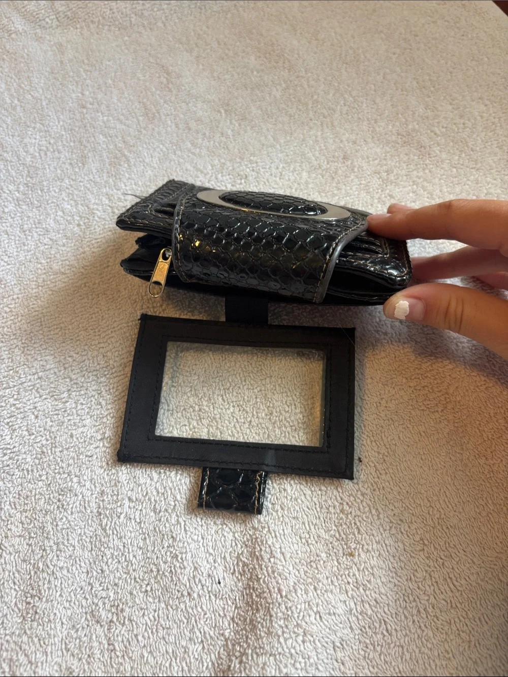 Black Patent Croc Card Wallet with Oval Metal Accent